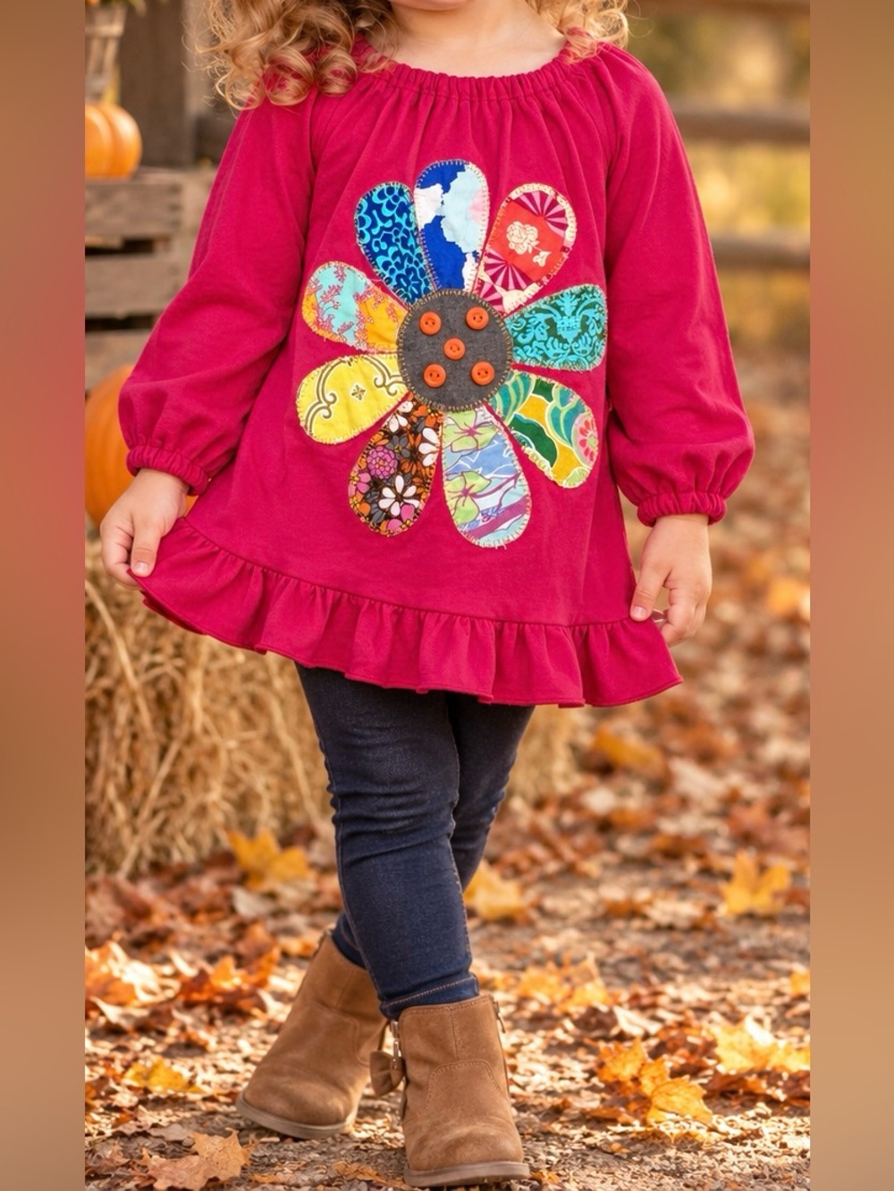 La Jenns Girls 3T Patchwork Flower Applique Ruffle Tunic Top Pink